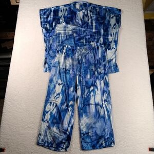 Natori Pajama Set Womens Large Blue Geisha Satin Abstract Loungewear